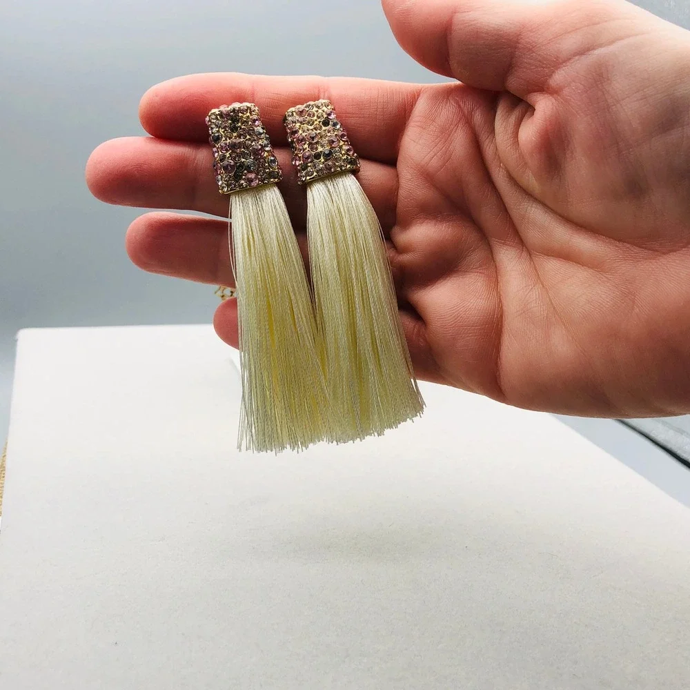 Dangle Earrings Set 2 Pair Gold‎ Tone Chandelier Pink Rhinestone White Tassel
